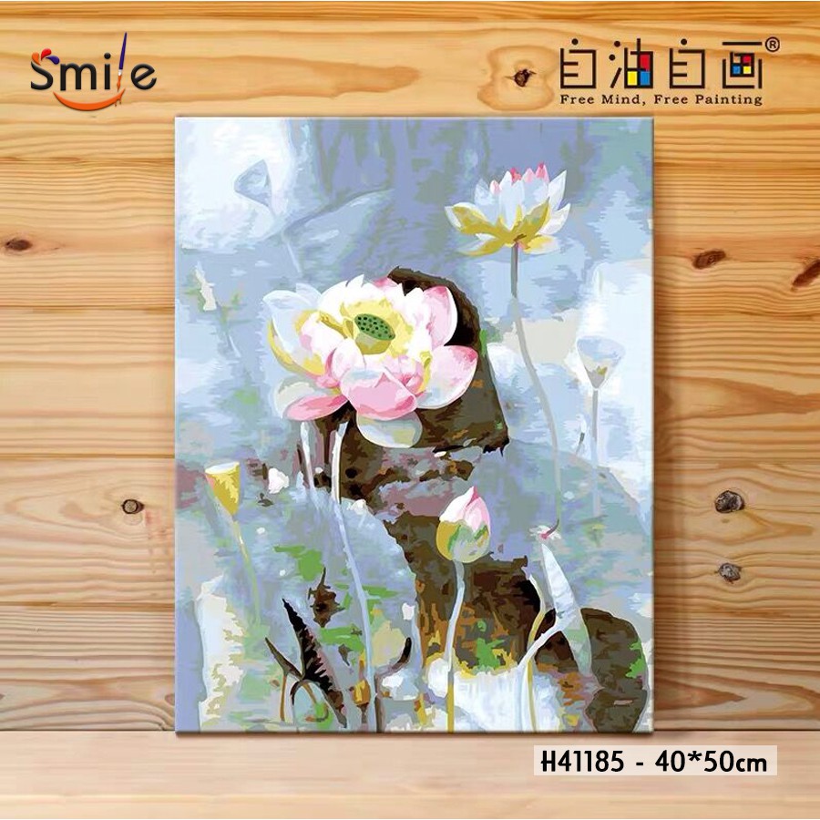 Tranh tự tô màu theo số cao cấp Smile FMFP Hoa sen thủy mặc H41185