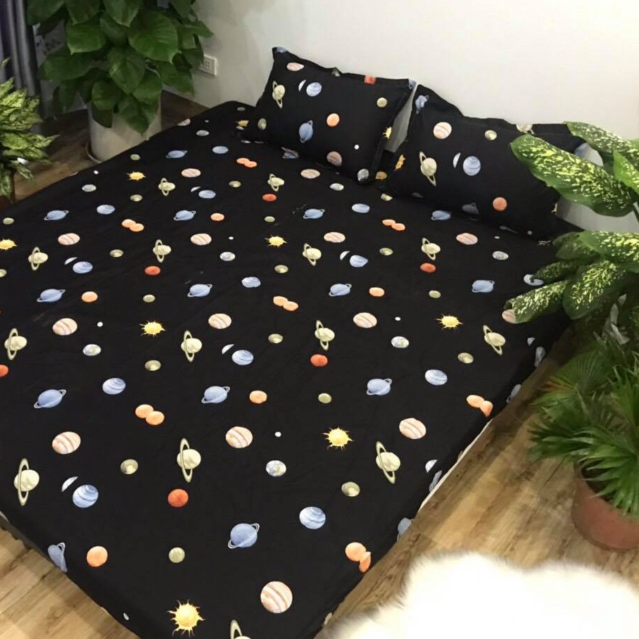 Sét Chăn Ga Gối 5 Món Cotton Poly Emmidecor Mẫu Hành Tinh Đen