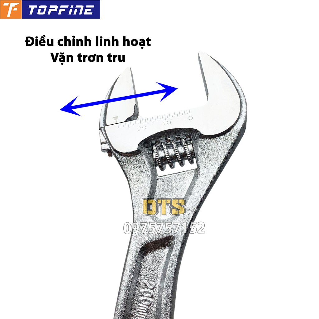 Mỏ lết thép trắng đúc nguyên khối 8 inch TOP FINE 200mm, thép Carbon siêu cứng điều chỉnh độ mở tháo lắp linh hoạt