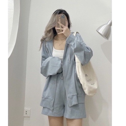 ❤️ SIÊU PHẨM ❤️ Set Bộ Áo Hoodie Nhung Tăm Có Khóa Kéo Nón Liền Cho Nữ Dáng Rộng Kèm Quần Short Nhiều Màu Cho Khách SL