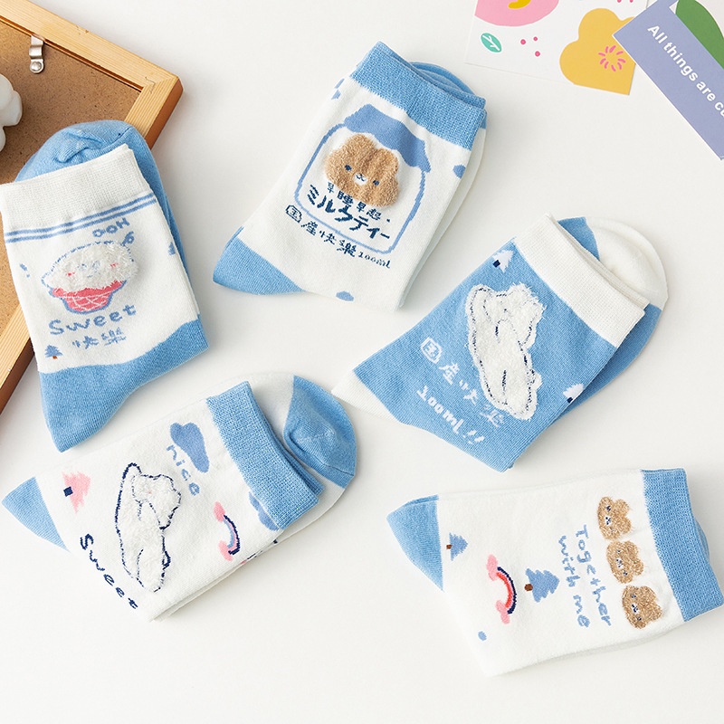 Tất Nữ Cao Cổ Màu Xanh Trắng Dễ Thương, Chất Liệu Vải Hàn Co Giãn Thoáng Khí