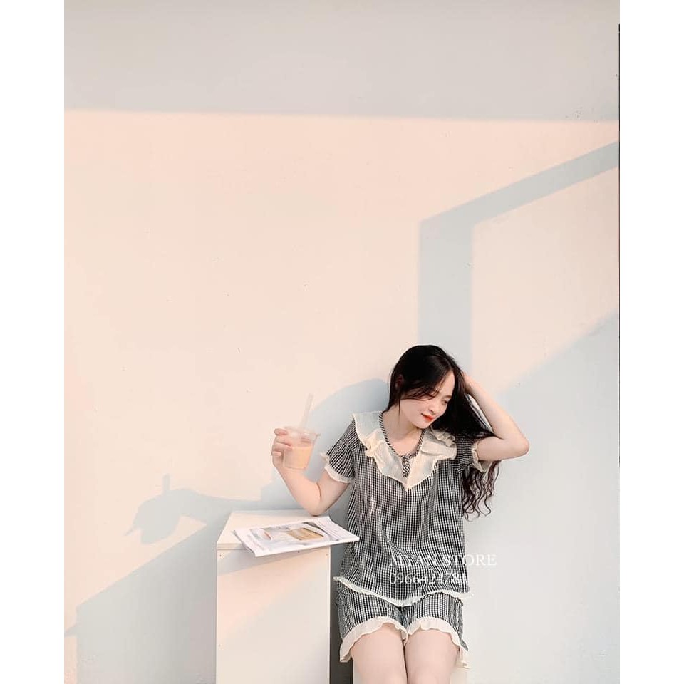 Bộ Thun Mặc Nhà - Set thun kẻ ô đuôi bèo nữ LE51 | BigBuy360 - bigbuy360.vn