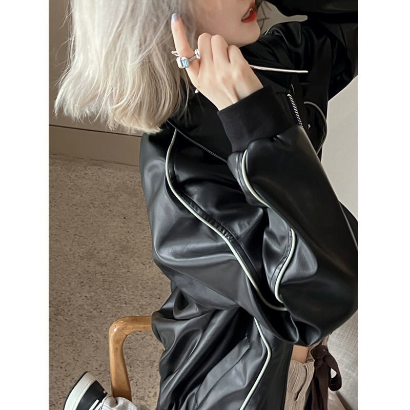 Áo Khoác Da Phối Màu Tương Phản Phong Cách Đường Phố Thời Trang Mùa Thu Cho Nữ