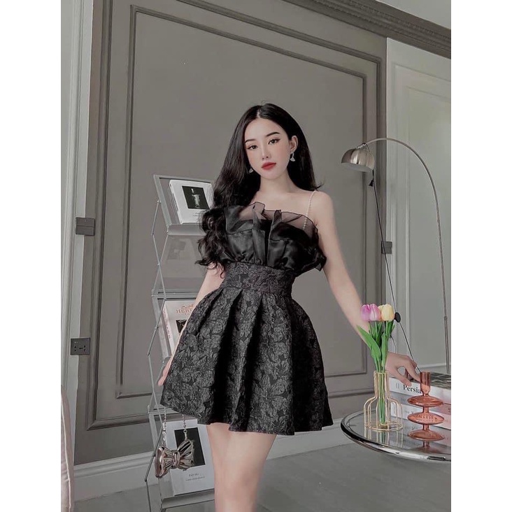 Váy hoa xốp nổi 2 dây trễ vai dây ngọc siêu hot đầm thiết kế dự tiệc DN788