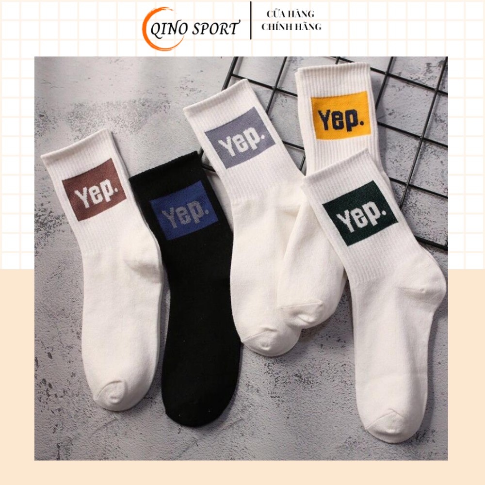 Tất unisex , tất nam nữ ống cao QINO có in chữ Yep thời trang chất liệu sợi dệt co dãn , thấm hút mồ hôi tốt