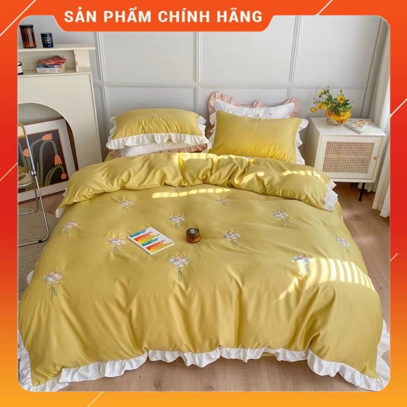 Bộ Chăn Ga Gối Lụa thêu cao cấp mẫu Hoa Cúc 4 món chất liệu phi lụa telcel 100s | BigBuy360 - bigbuy360.vn