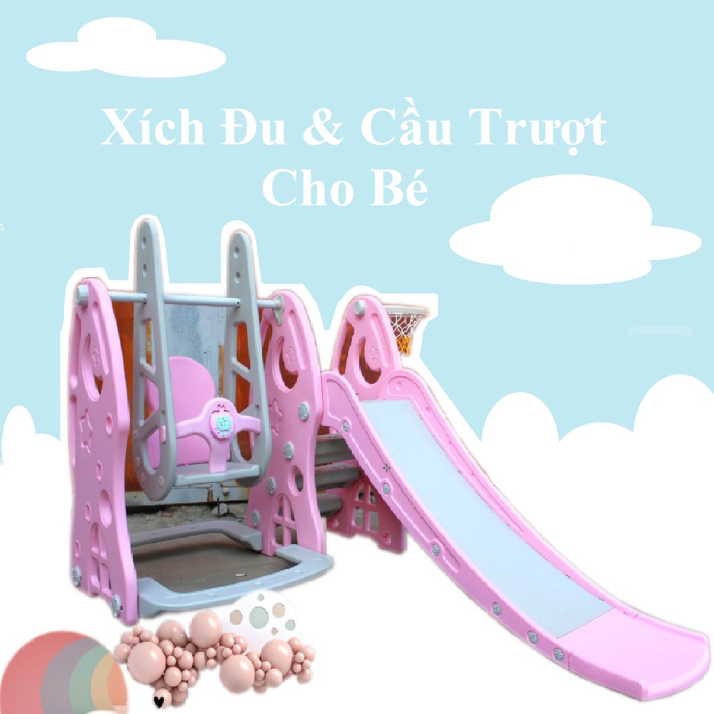 BỘ ĐỒ CHƠI CẦU TUỘT VÀ XÍCH ĐU CHO BÉ NHỰA NGUYÊN SINH TẶNG KÈM BÓNG RỔ KÍCH THƯỚC 210x190x115cm