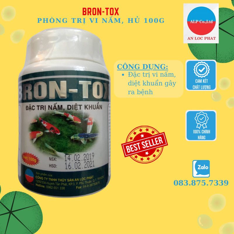 BRON TOX trị cạ mình nằm đáy, nhớt màng trắng, trị vi nấm gây bệnh cho cá 100 gr