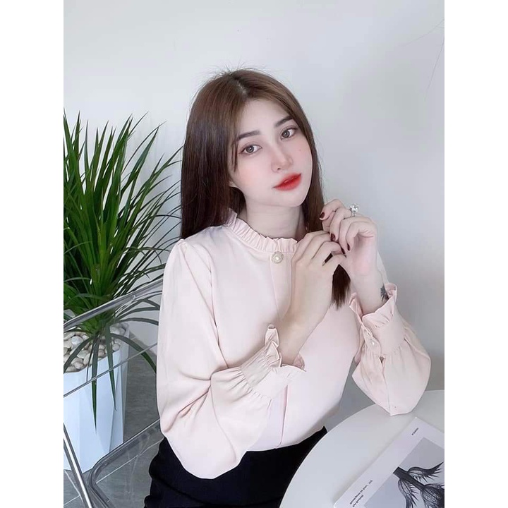 Áo sơ mi nữ công sở thời trang SURI vải lụa màu xanh da cao cấp cổ tròn 1 nút nhún tay phồng-XANHDA1NUT