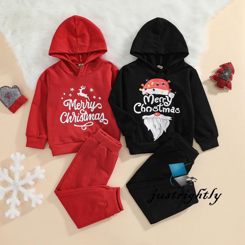 Bộ áo tay dài cổ chữ V in họa tiết hoạt hình + quần dài in chữ/ ông già noel/ nai dễ thương cho bé trai