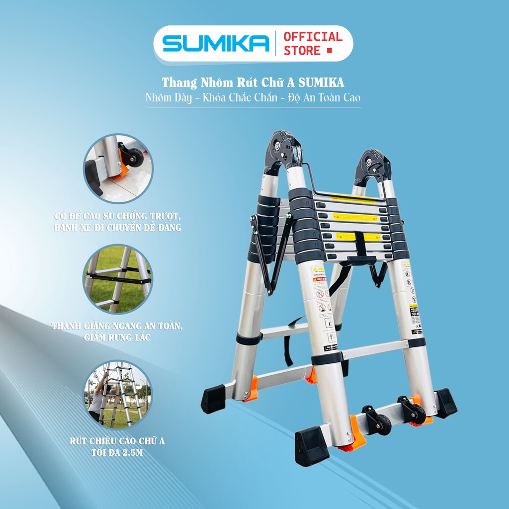 Thang nhôm rút đôi SUMIKA SK500D NEW - rút chữ A cao 2.5m, rút chữ I cao 5.0m, tải trọng 300kg