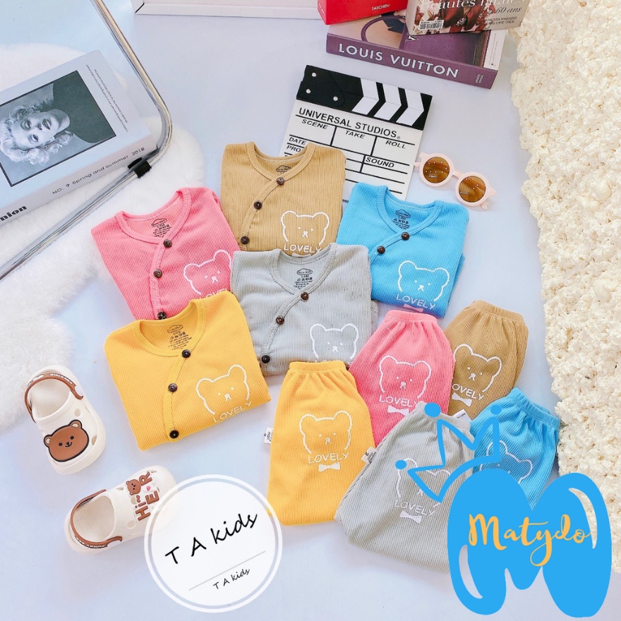 Quần áo sơ sinh thun gân mềm mại đồ bộ áo quần dài tay cho bé trai bé gái nằm điều hòa TA gấu