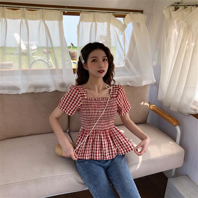 Áo sơ mi IELGY cổ vuông họa tiết sọc caro phong cách retro Hong Kong độc đáo