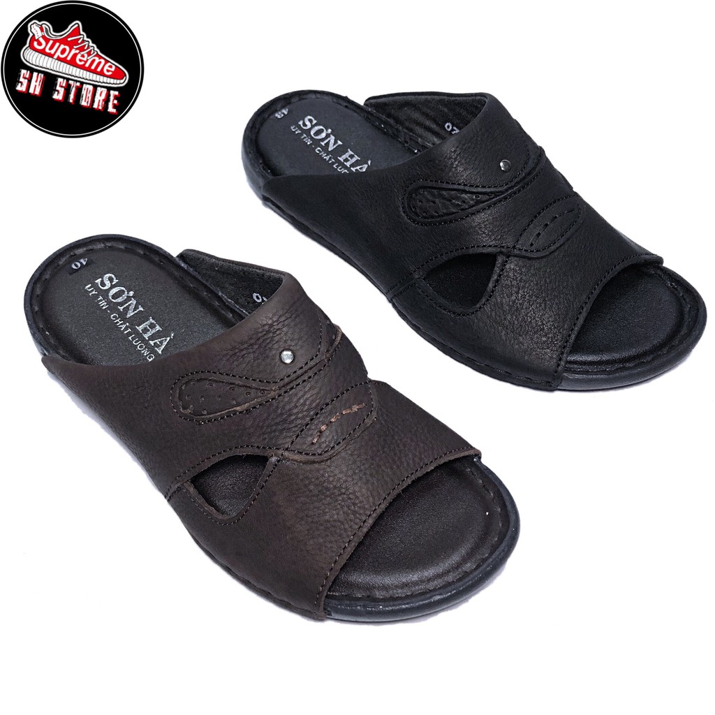 Dép nam quai ngang cam kết da bò 100% đế khâu SƠN HÀ MS01 - Ảnh Thật