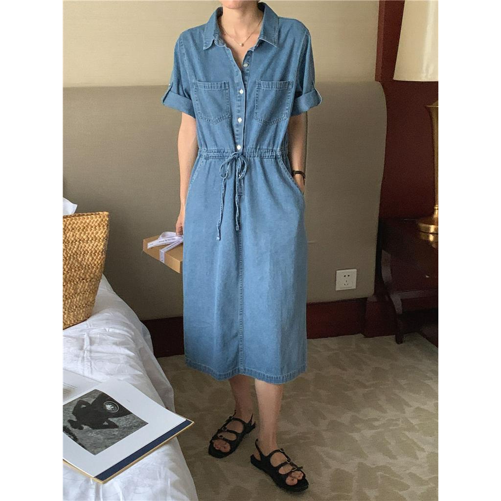 Đầm Denim Tay Ngắn Dáng Rộng Cột Dây Eo Phong Cách Hàn Quốc Thời Trang 52118