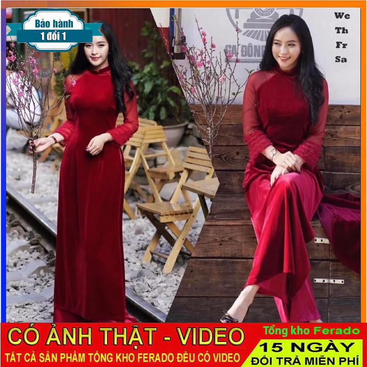 [ xả kho ] MiD Set áo dài nhung tay ren + quần lụa S1286 cao cấp kèm ảnh thật