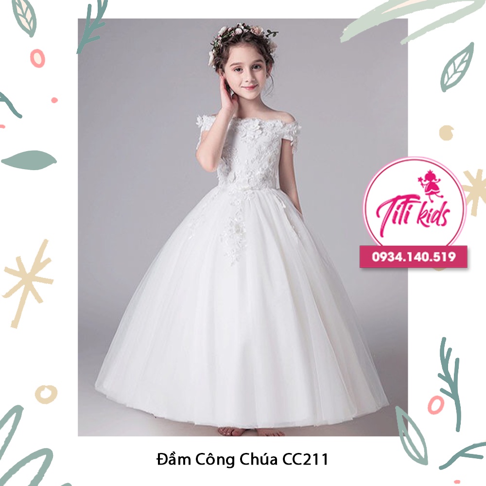 Váy Đầm Công Chúa Bé Gái Cao Cấp Trắng Trễ Vai CC211