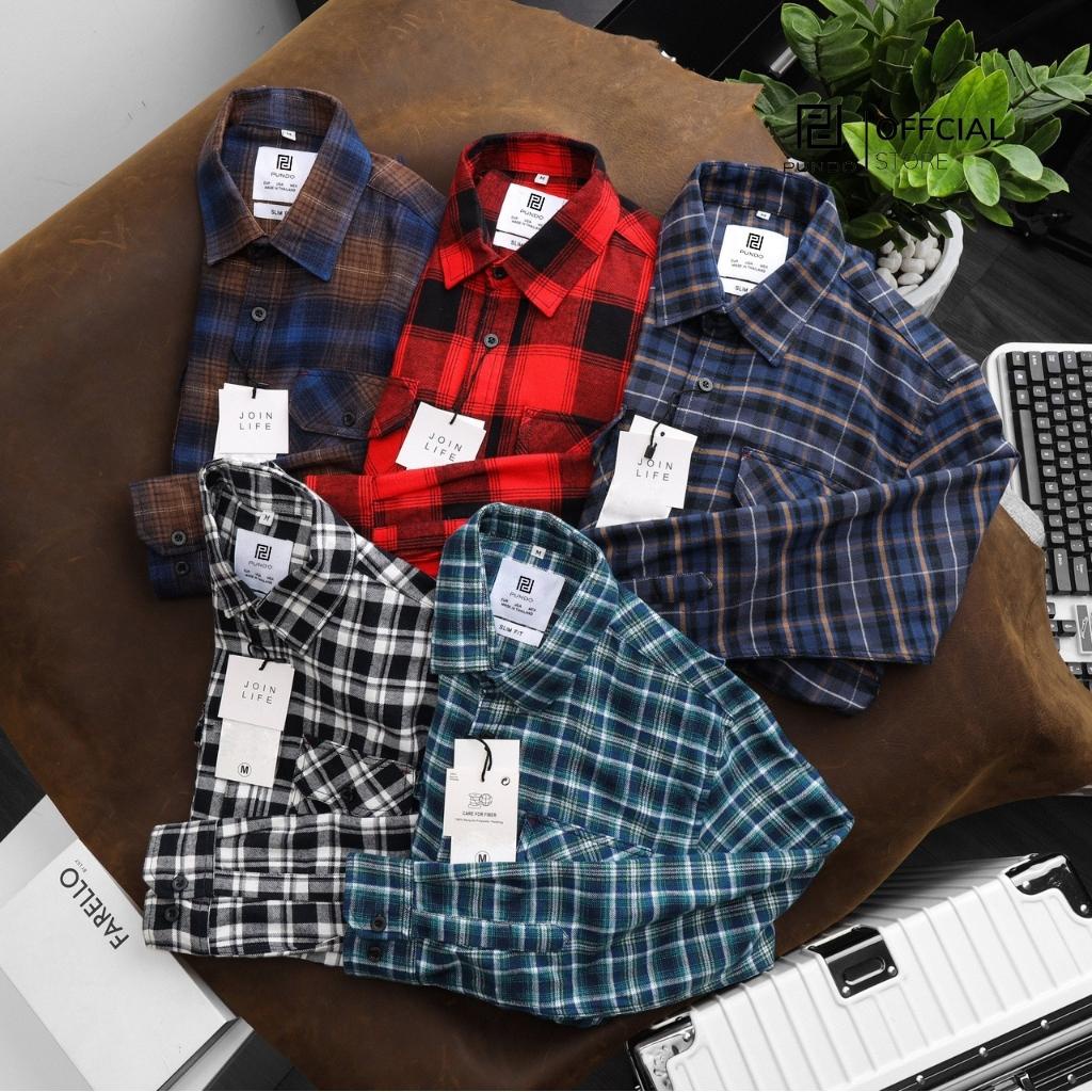 Áo sơ mi nam flannel PUNDO họa tiết kẻ sọc chất cotton dạ cao cấp ASMPD17