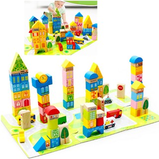 Bộ đồ chơi xếp hình xây dựng thành phố bằng khối gỗ cho bé 100 chi tiết