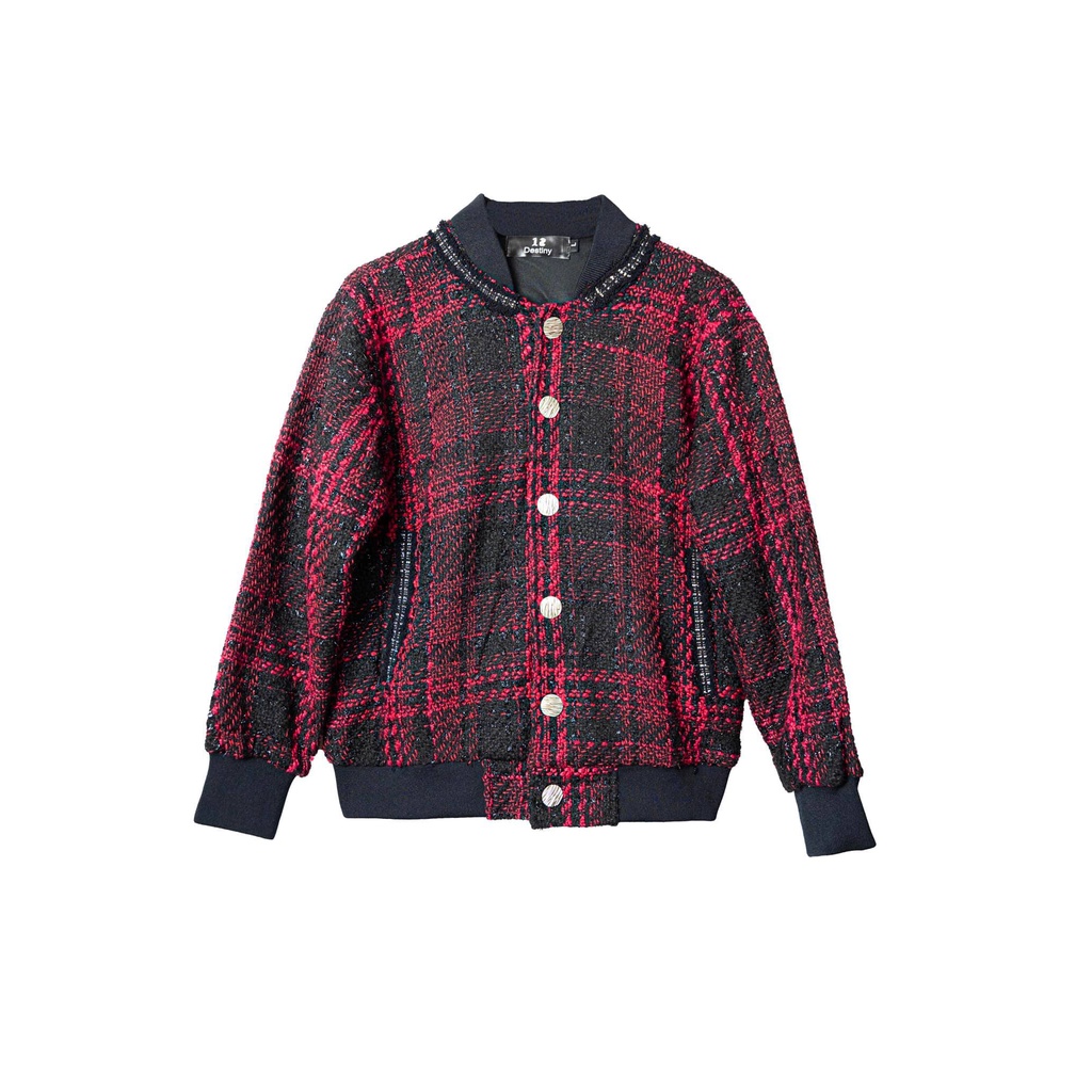 Áo khoác bomber nam nữ 12.DESTINY chất liệu dạ tweed màu đỏ đen kim tuyến