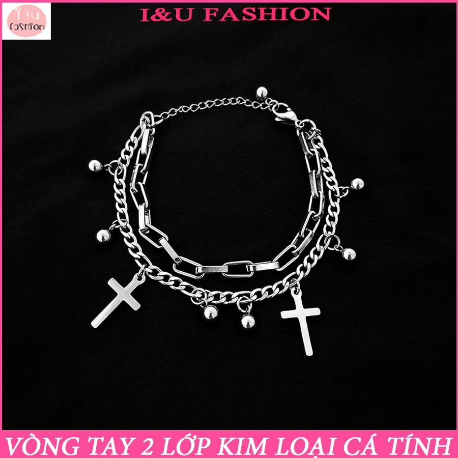 Vòng tay lắc tay UNISEX Nam Nữ 2 lớp gắn chữ thập và bi tròn cá tính chất liệu kim loại màu Bạc sáng thời trang VT-32