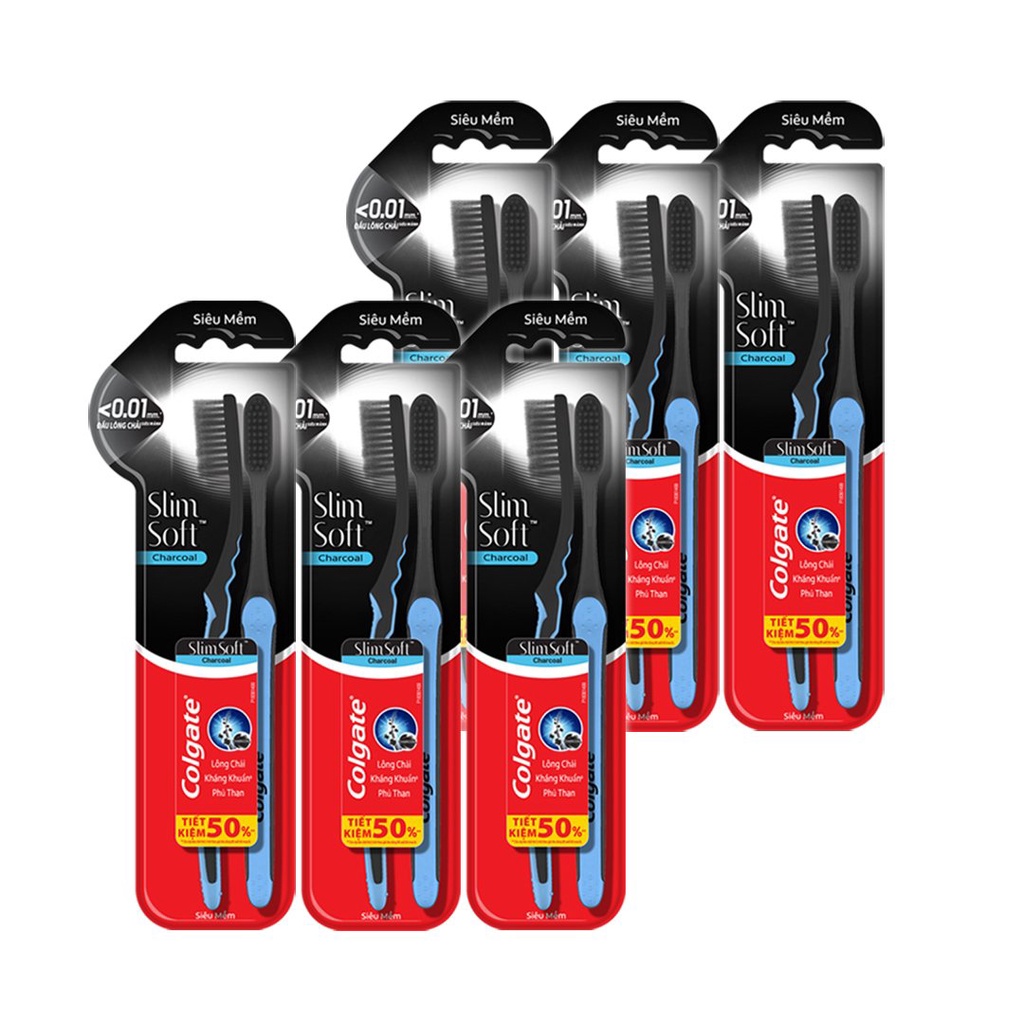 Bộ 12 Bàn chải đánh răng Colgate than hoạt tính kháng khuẩn SlimSoft Charcoal mềm mảnh
