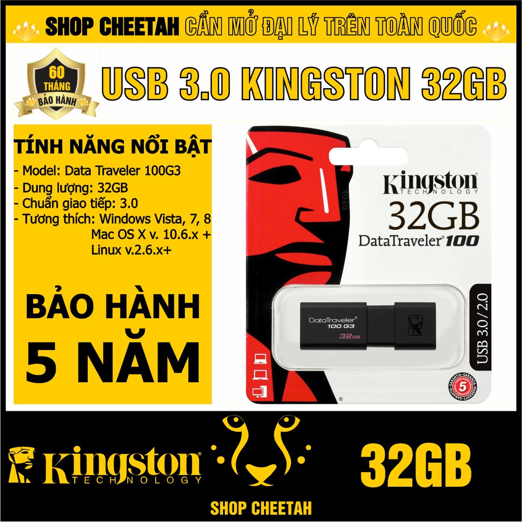 USB 3.0 Kingston 32GB DataTraveler 100G3 – CHÍNH HÃNG – Bảo hành 5 năm | WebRaoVat - webraovat.net.vn