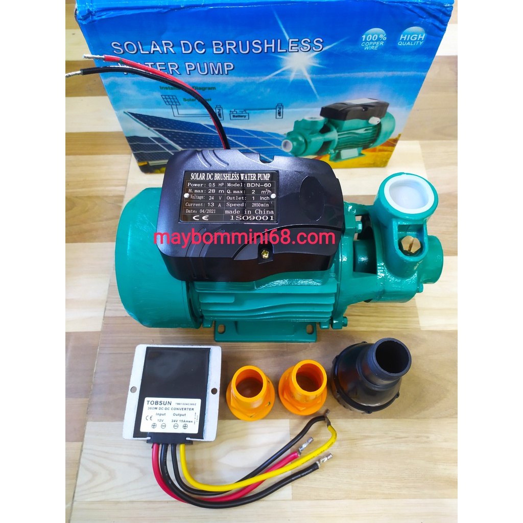 Máy bơm solar 24v 0,5HP đẩy cao 28m kèm bộ tăng áp 12v lên 24v 360w