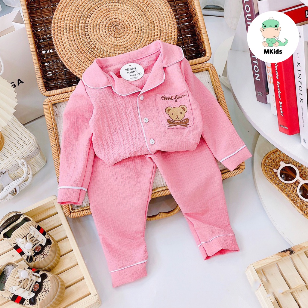 Đồ bộ pijama bé gái bé trai 1-5 tuổi, đồ ngủ cho bé gái bé trai, đồ bộ cho bé tay dài túi in hình gấu đáng yêu MKids BT2