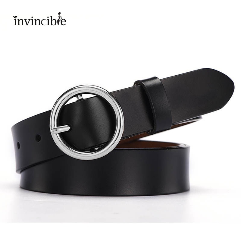 Thắt lưng da khóa tròn màu đen phong cách cổ điển cho nữ