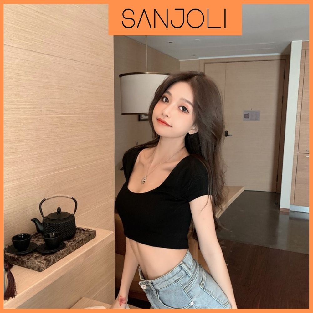 Áo Croptop Tay Ngắn SANJOLI Áo Crt Ba Lỗ Hoạ Tiết Trơn Phong Cách Mùa Hè Năng Động AO057