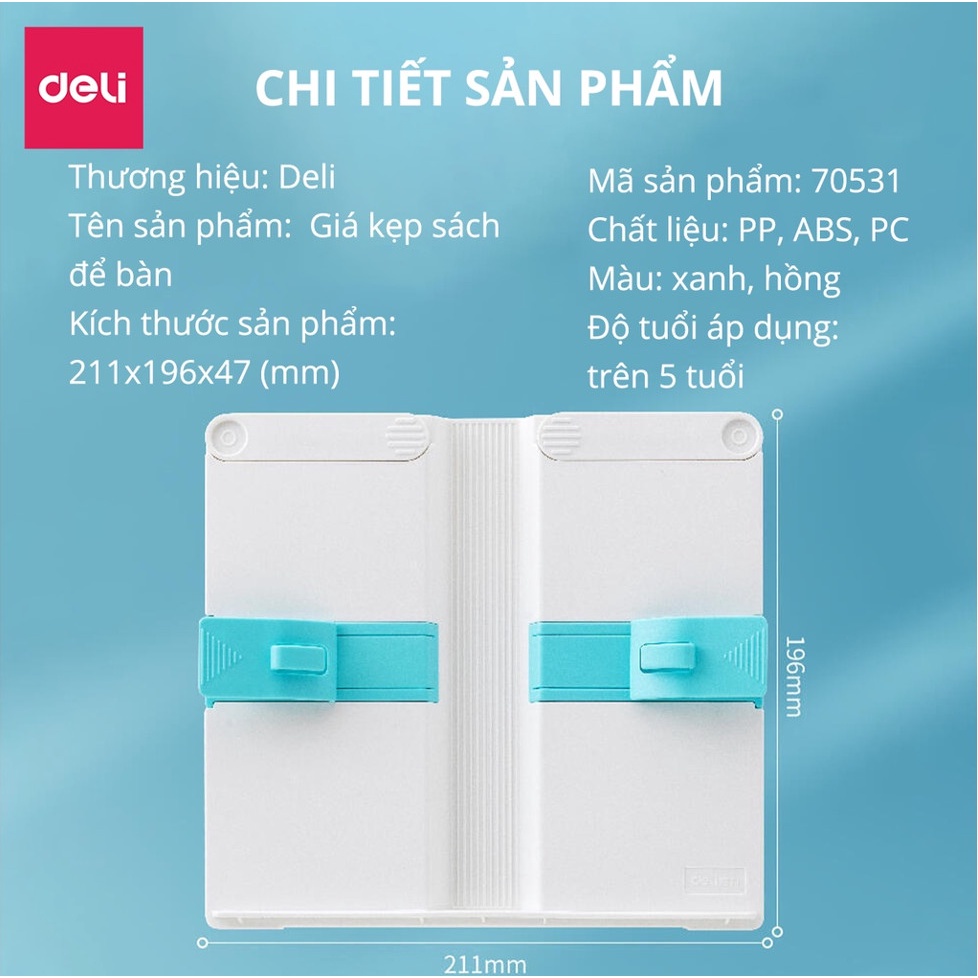 Giá đỡ sách để bàn học Deli - thiết kế thông minh tiện dụng - màu xanh / màu hồng - 70531 - vpp Diệp Lạc (sỉ/lẻ)