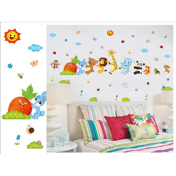 Decal trang trí các động vật cùng nhau giúp kéo củ Cà Rốt 01 ( Kèm video thật )