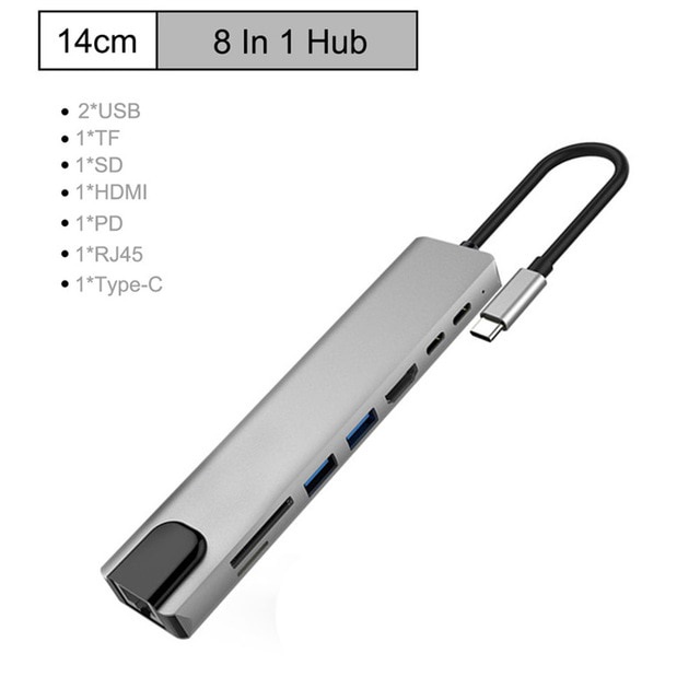 Đầu đọc thẻ nhớ USB C 3.1 sang 4K HDMI RJ45 USB SD/TF tốc độ nhanh 8 trong 1 cho MacBook Air Pro