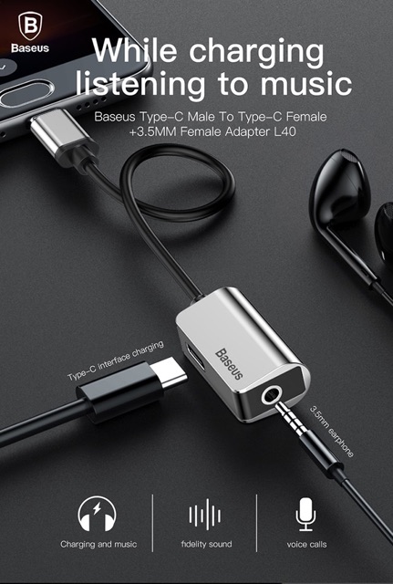 Đầu chuyển Type C sang Audio 3.5mm & Type C Baseus L40 (12cm Type C Male to Type C Female + 3.5mm Female Adapter)