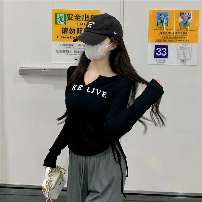 Áo Thun Tay Dài Dáng Ôm Thiết Kế Dây Rút In Chữ Phong Cách Mỹ Cho Nữ