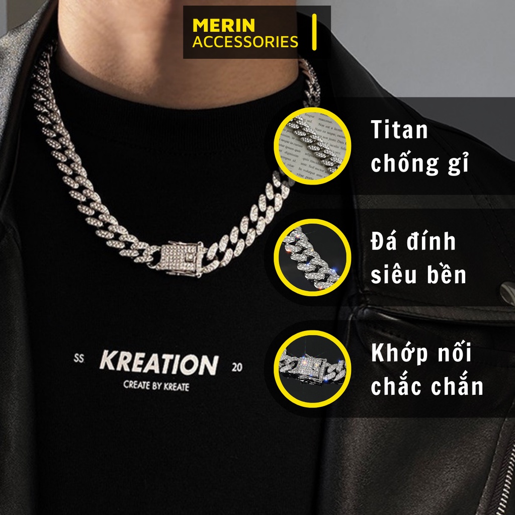 Vòng cổ nam nữ dây chuyền thời trang vòng lắc tay unisex màu bạc đính đá Merin Accessories Titan không gỉ - Cuban đá