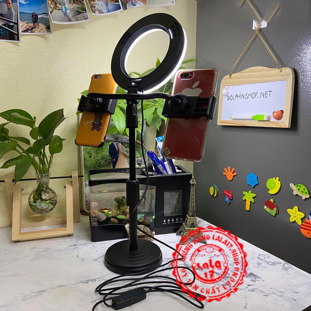 Đèn Livestream Để Bàn 3 Chế Độ Sáng Kẹp 2 Điện Thoại Có Đèn Hỗ Trợ, Quay Tiktok, Make Up, selfie[LED-LIVE2]