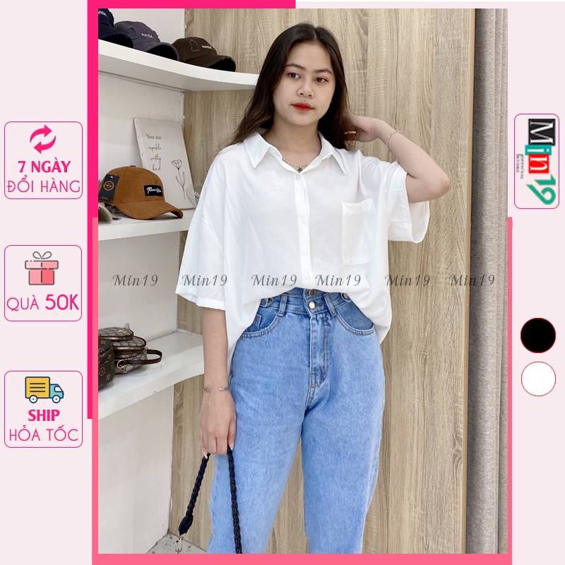 Áo Sơ Mi Nữ Form Rộng MIN19 Sơ Mi Kiểu Công Sở Hàn Quốc Oversize Tay Ngắn Vạt Lệch Màu Trắng Đen Thời Trang