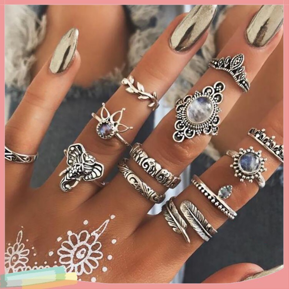 Bộ 12 Nhẫn Đeo Đốt Ngón Tay Đính Đá Phong Cách Boho Cổ Điển Cho Nữ