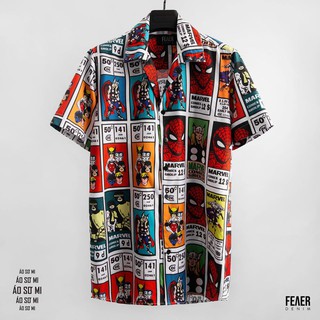 Áo Sơ Mi Marvel Comic tay ngắn nam FEAER form suông, Chất lụa chéo