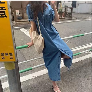 Đầm Denim tay ngắn phong cách Retro thời trang mùa hè cho nữ