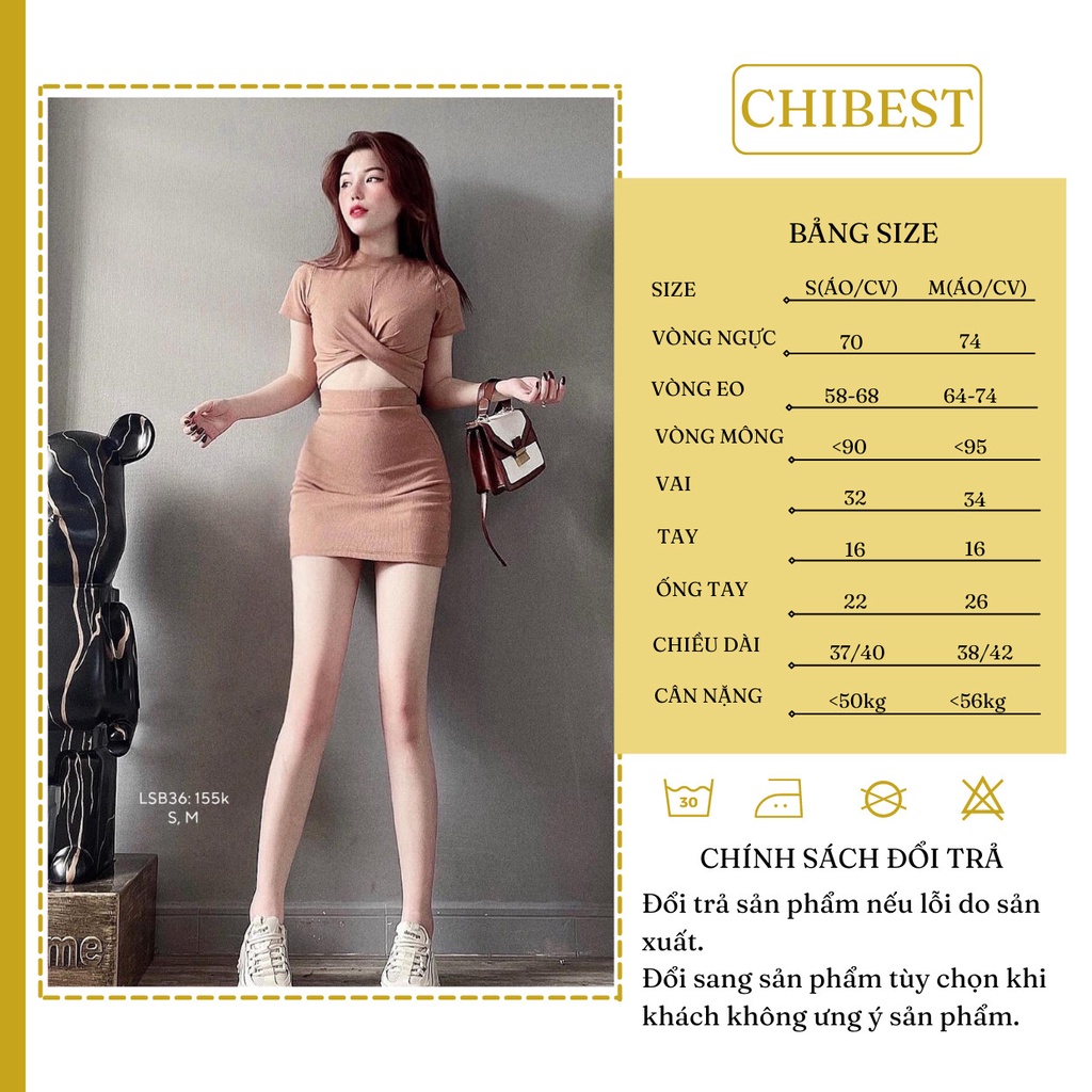 Set áo croptop tay ngắn xoắn ngực phối chân váy ôm body cá tínhCHIBEST LSB36