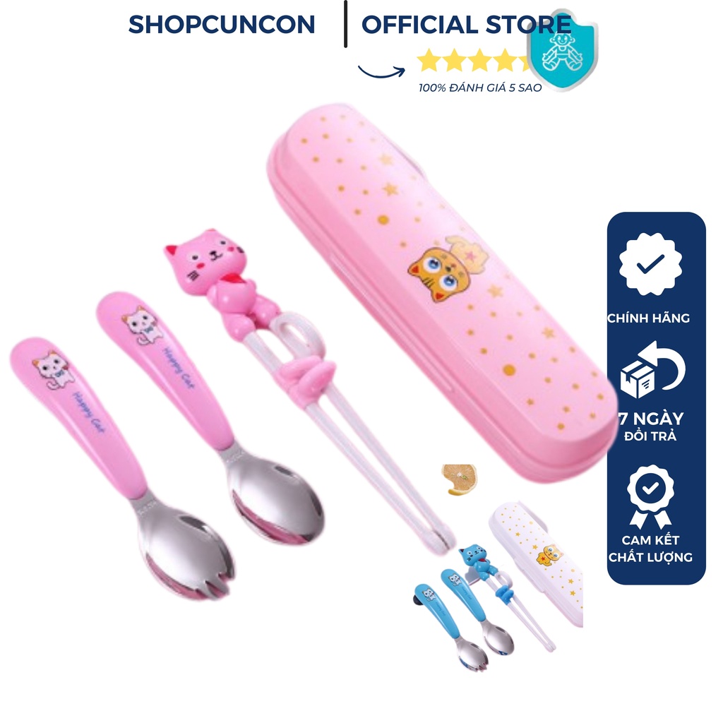 Bộ thìa dĩa tập ăn Happy Cat cho bé bằng inox chống set, bộ thìa đũa tập xúc