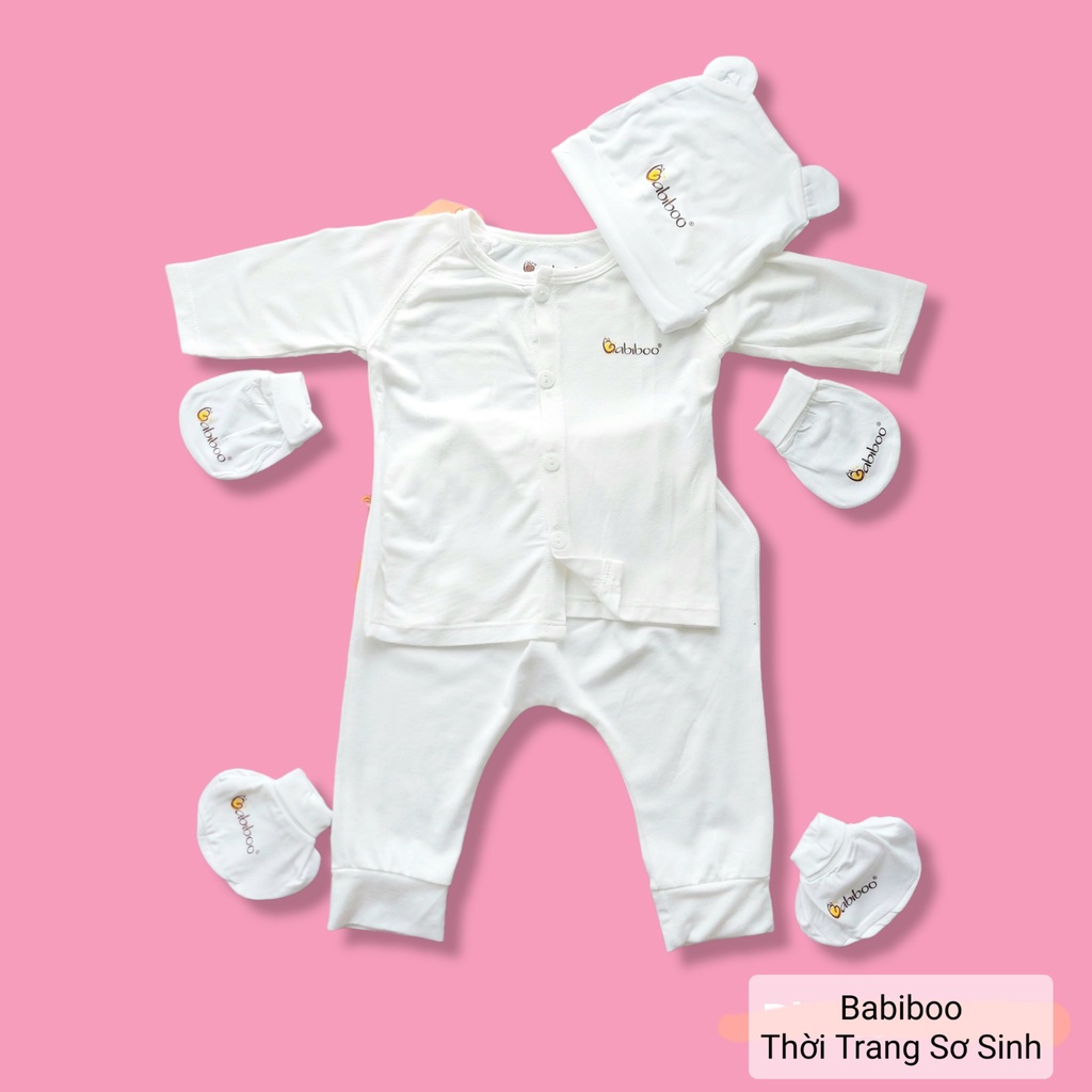 Set quần áo sơ sinh tay dài kèm nón và bao chân tay vải visco siêu mềm Babiboo cho bé