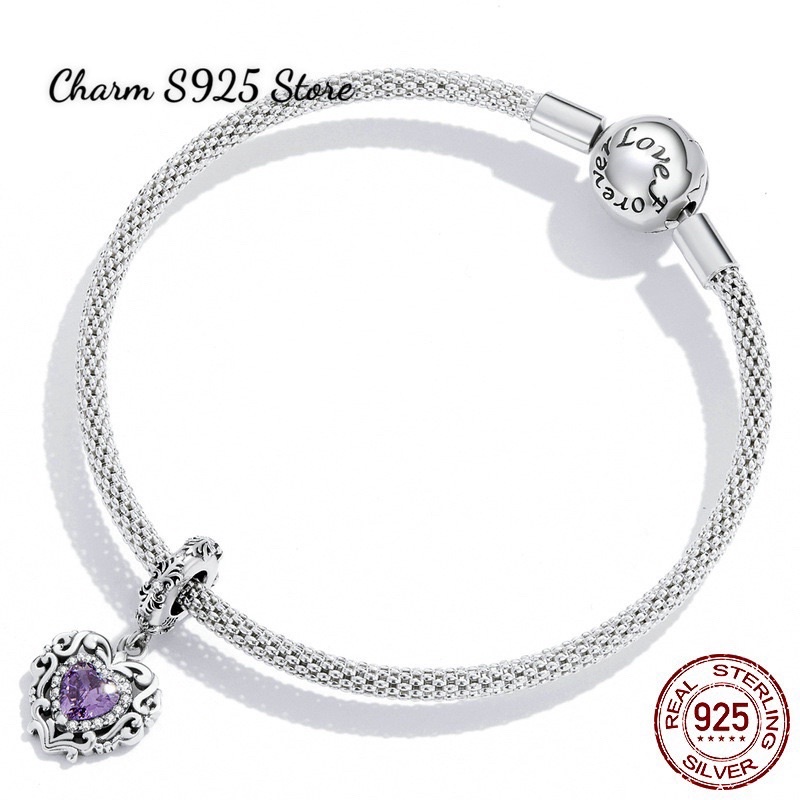 CHARM TREO TIM HOẠ TIẾT ĐÍNH ĐÁ BẠC S925 CAO CẤP CHÍNH HÃNG