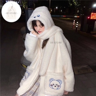 Áo khoác lông cừu, áo khoác mũ lông có khăn phong cách loli