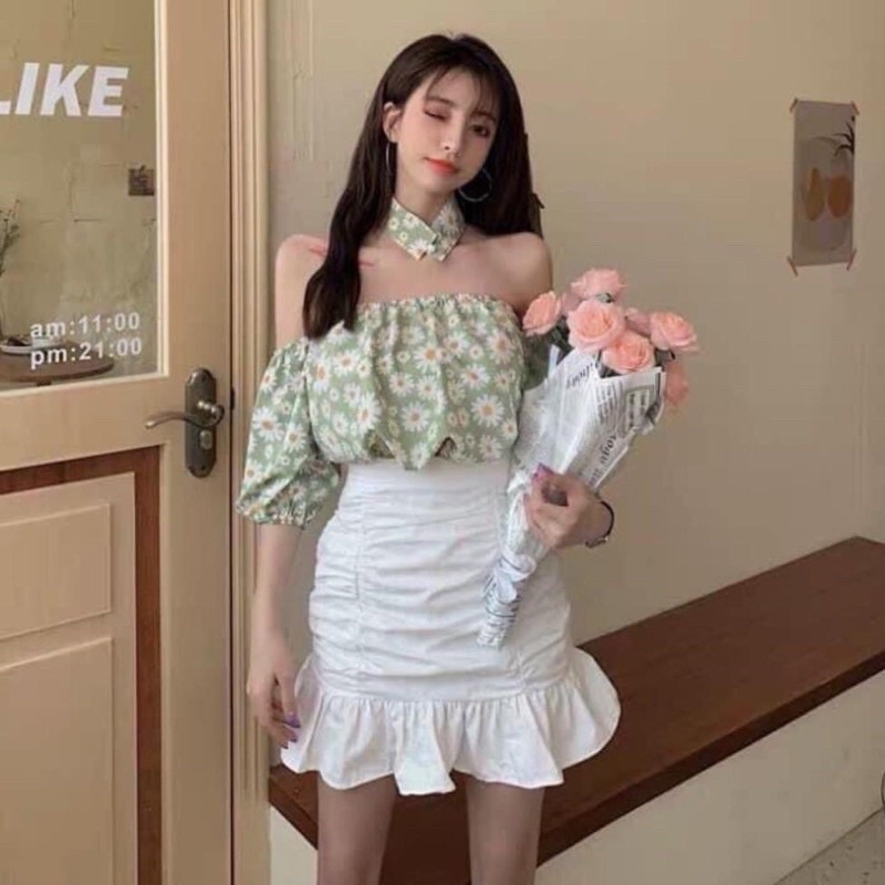 Áo big size trễ vai hoa cúc từ 55kg-90kg