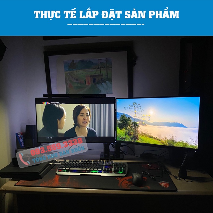 NB F195A / Giá Treo 2 Màn Hình Hỗ Trợ Màn 22 -32 Inch / Tải Trọng 12Kg 1 Tay - Lắp Đặt Kẹp Bàn &amp; Vít Xuyên Bàn