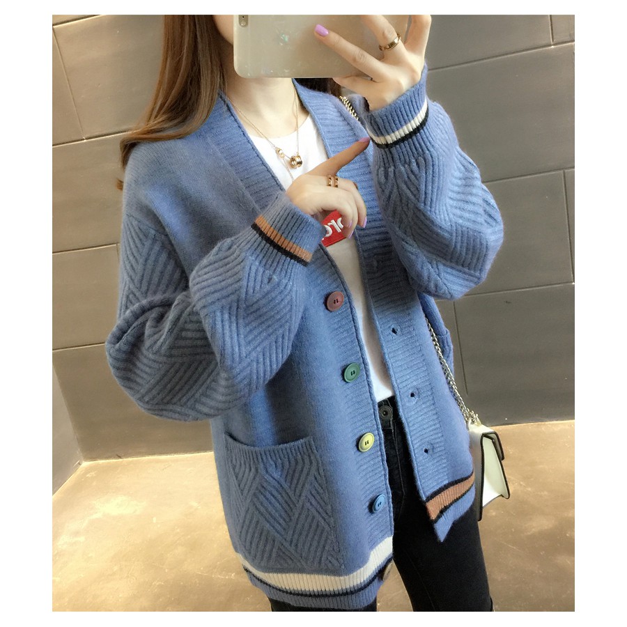 Áo khoác len nữ 2 túi phối màu trẻ trung A03 Hàng nhập Quảng Châu